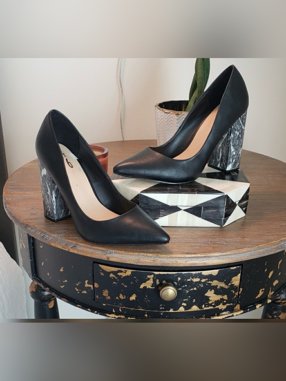 Mix No. 6 Black Pointed-Toe Pumps with Marble Block Heel
